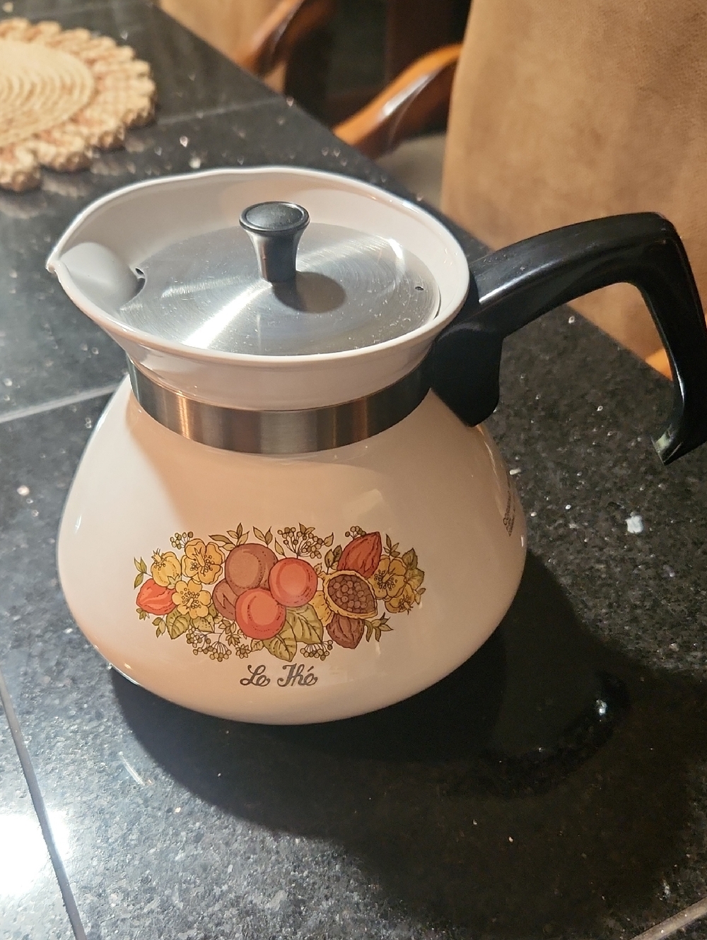 Corningware Cream Teapot with Black Handle and Fruit Floral Decal